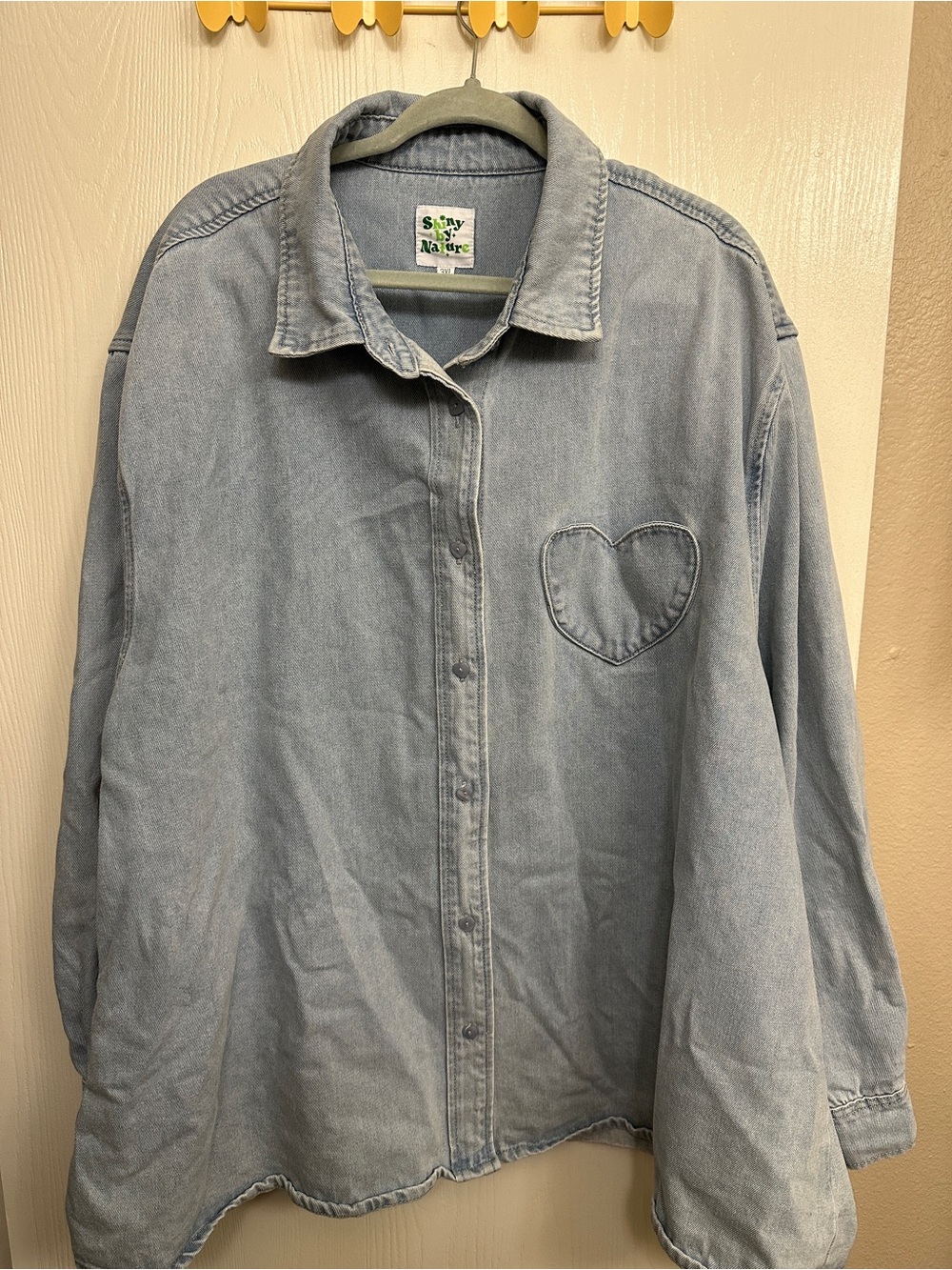 Shiny By Nature Light Denim Button-Down Shirt with Heart Patch